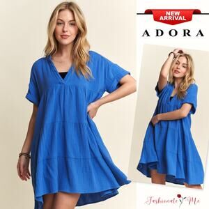 ADORA Tiered Detail V-Neck Short Sleeves Drop Shoulder Babydoll Dress | Blue